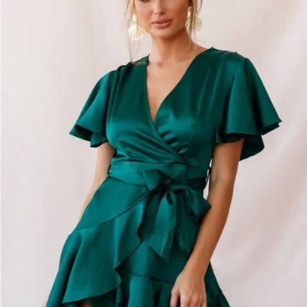 Emerald Green Faux Wrap Ruffle Mini Dress